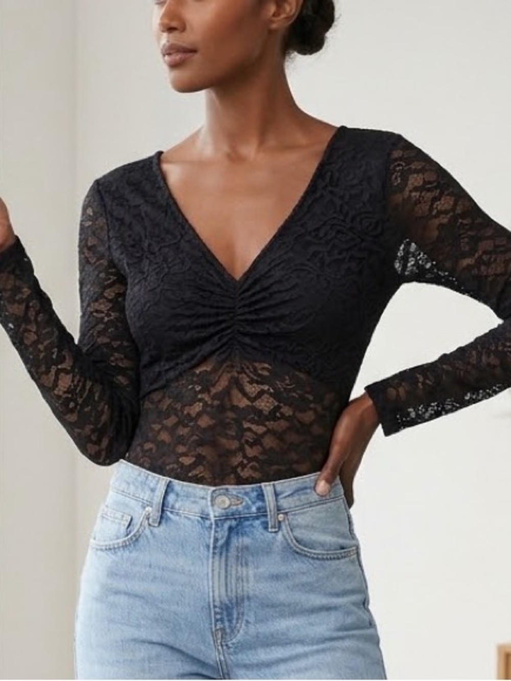 Black Lace V-Neck Long Sleeve Bodysuit